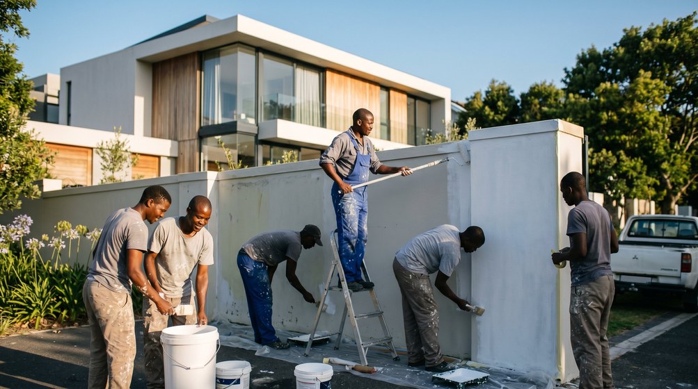 Professional team painting a boundary wall at a modern home in Somerset West