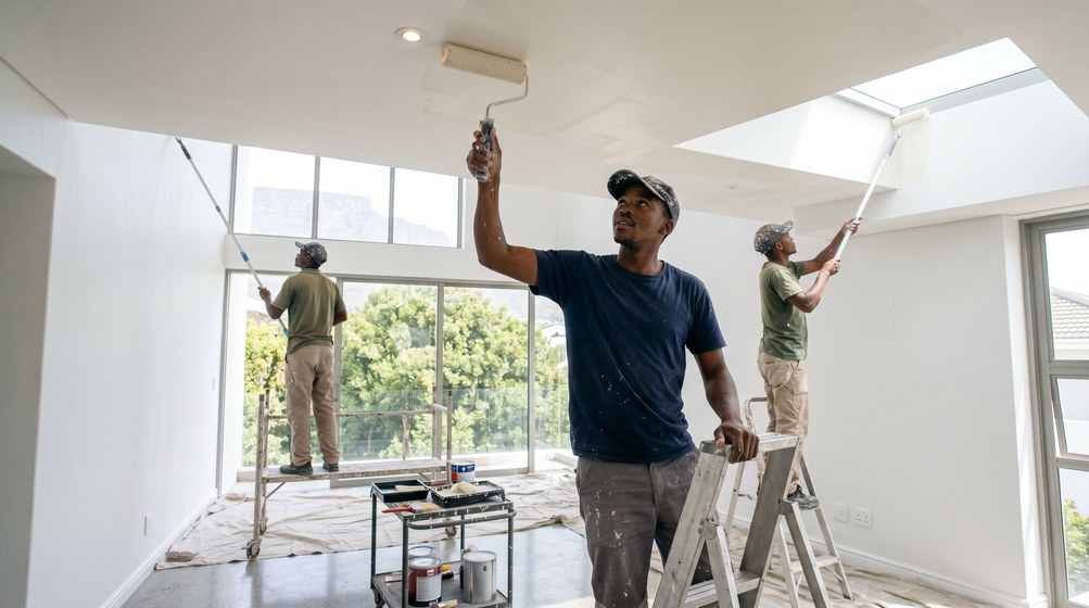 Professional ceiling painters rolling white paint onto a high ceiling in Somerset West