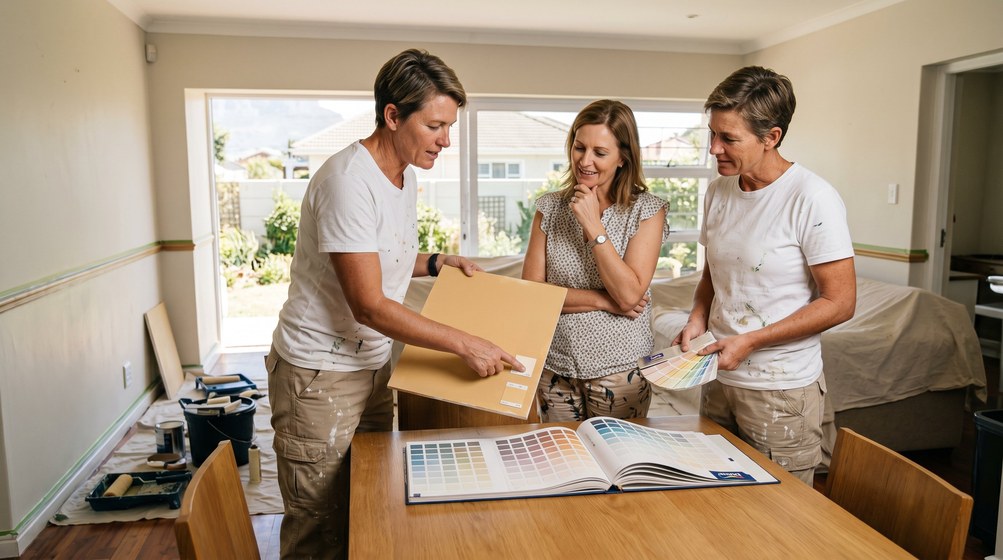 Professional colour consultant showing paint swatches to a homeowner in Somerset West