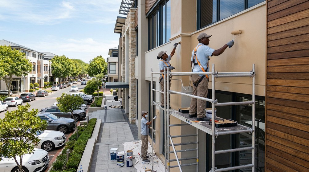 Professional commercial painters on scaffolding painting a building on the Helderberg