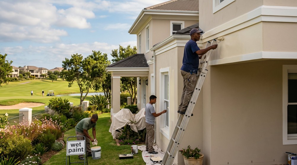 Professional estate painters painting a luxury golf estate home on the Helderberg
