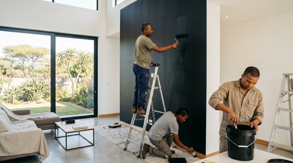 Professional painters creating a bold black feature wall in a modern Somerset West home