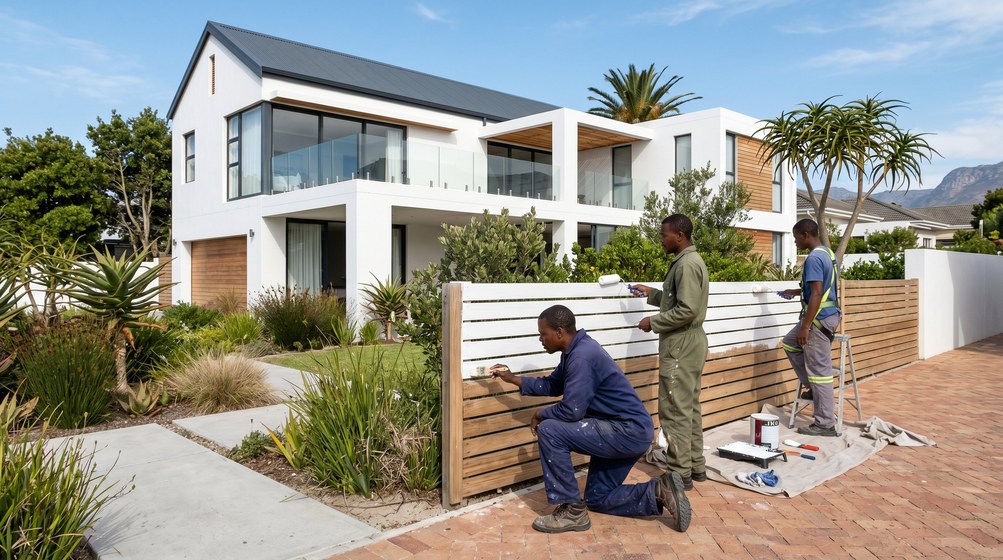 Professional fence painters painting a wooden fence at a coastal home in Somerset West