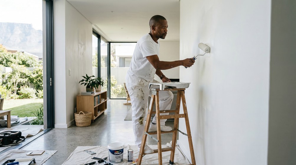 Professional interior painter in Somerset West painting walls with a roller