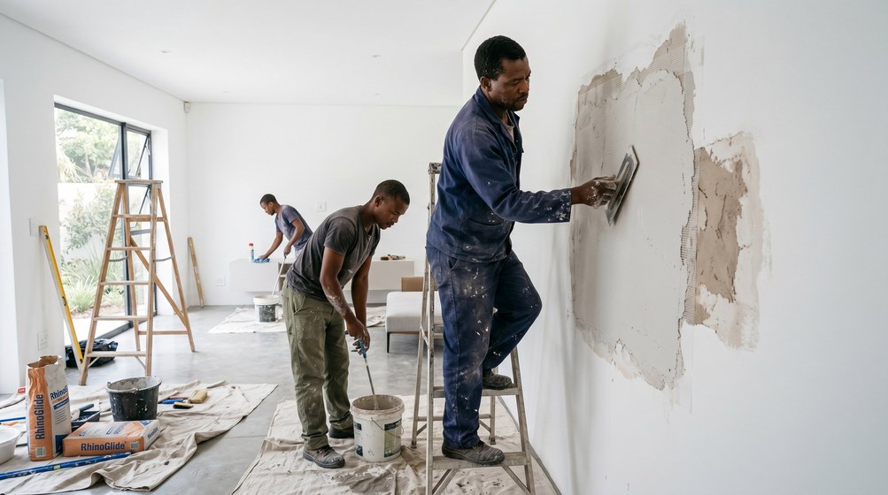 Professional plaster repair team skim coating damaged walls in Somerset West