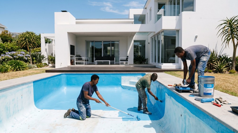 Professional pool painters applying blue pool paint to a swimming pool in Somerset West