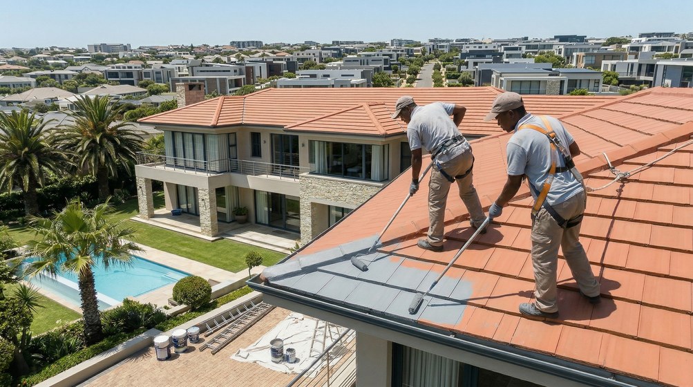 Professional roof painters applying waterproof coating to tiled roof in Somerset West
