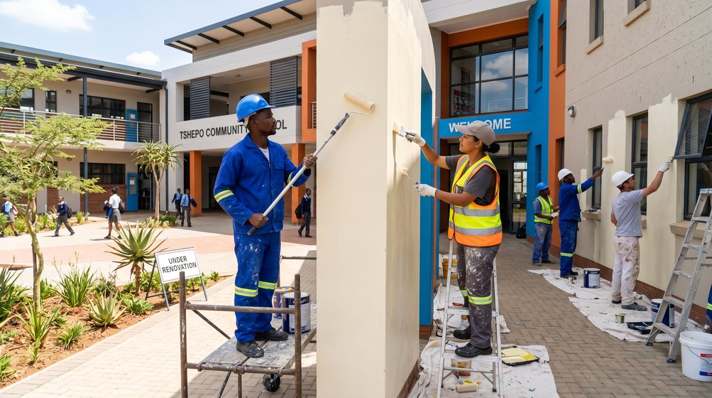 Professional school painting team painting a community school on the Helderberg