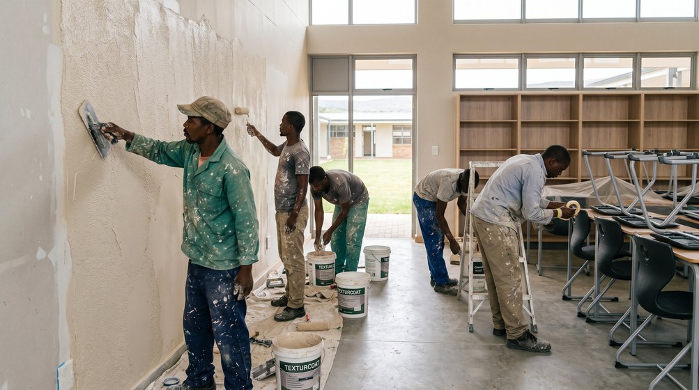 Professional texture coating team applying Texturcoat to interior walls in Somerset West