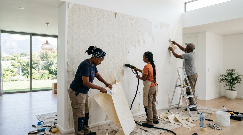 Professional wallpaper removal team stripping old wallpaper in a Somerset West home