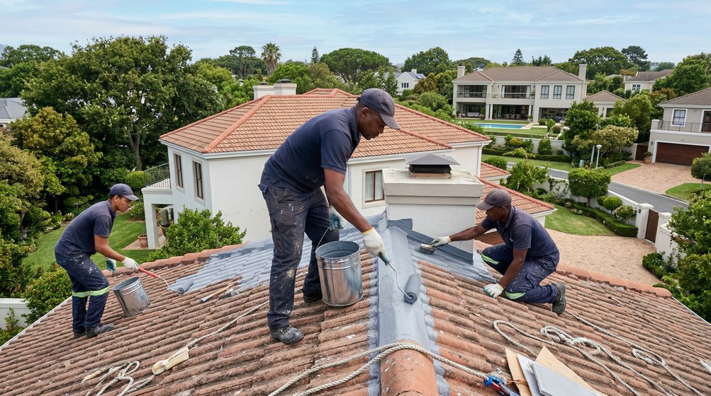 Professional waterproofing team applying membrane to roof in Somerset West