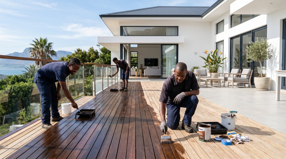 Professional wood staining team applying deck stain overlooking the ocean in Somerset West